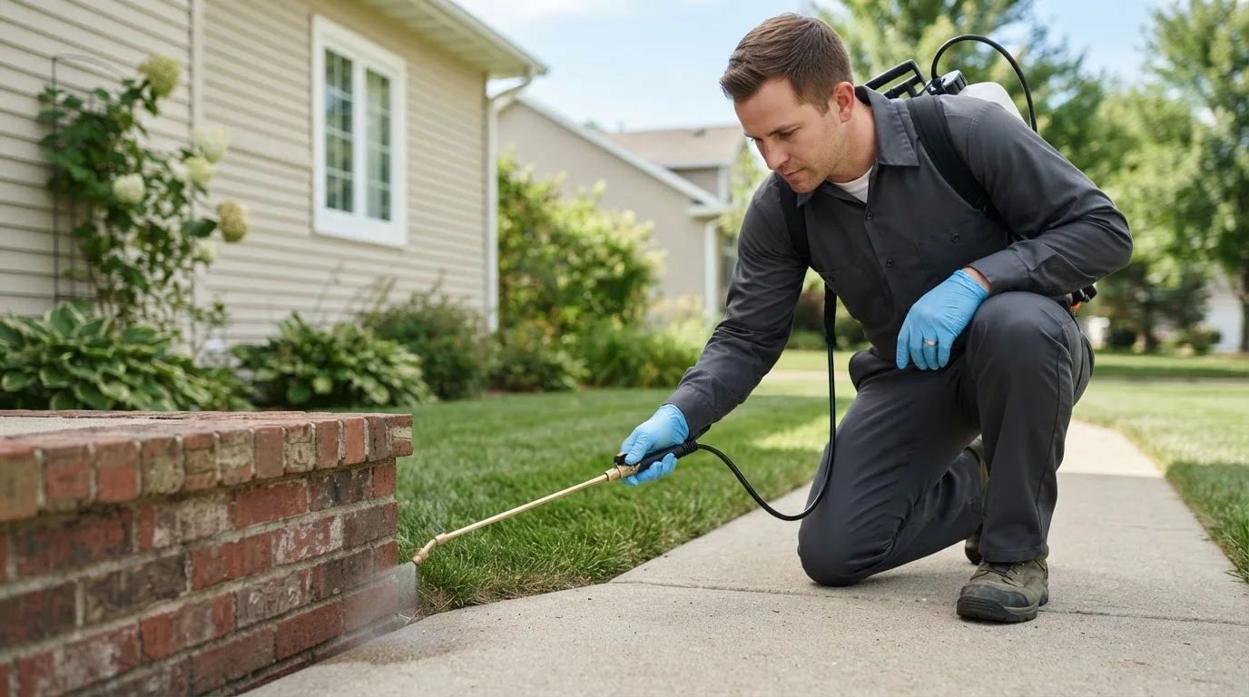 Pest control technician treating a home near Hillrose, CO